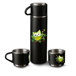 Kit Garrafa Térmica com 3 Xícaras com DTF UV Preta 500ml Aço Inox 21x23cm    